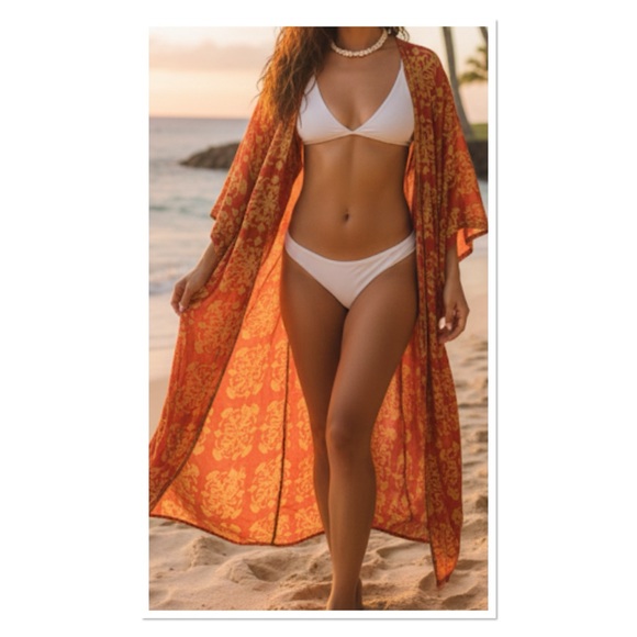 New Lexbreezy red gold kimono midi cover up Puakenikeni quilt flower size XL - Picture 3 of 10